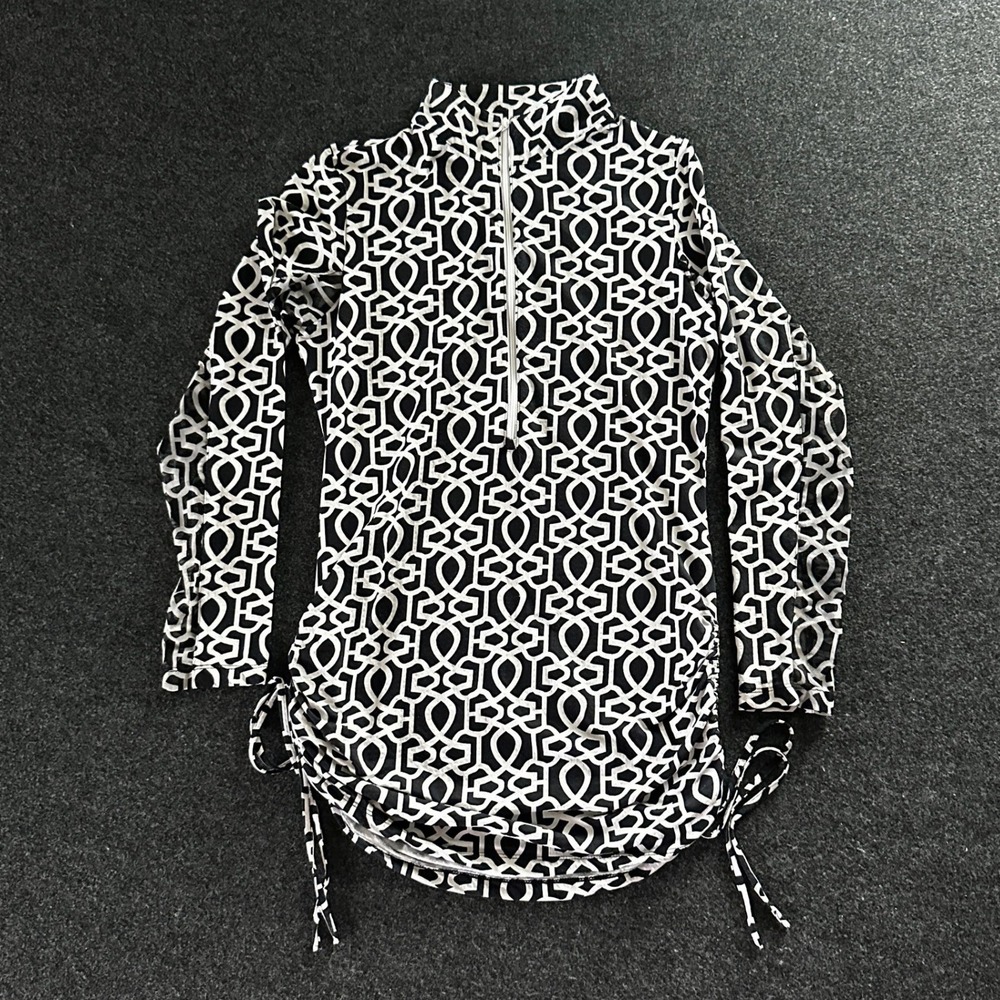 IBKUL Womens Small Black White Geometric Sun Shirt Quarter Zip Mesh Side Ties